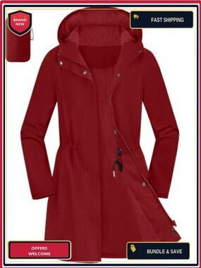 Womens Waterproof Packable Long Rain Jacket Hooded Windproof Coat